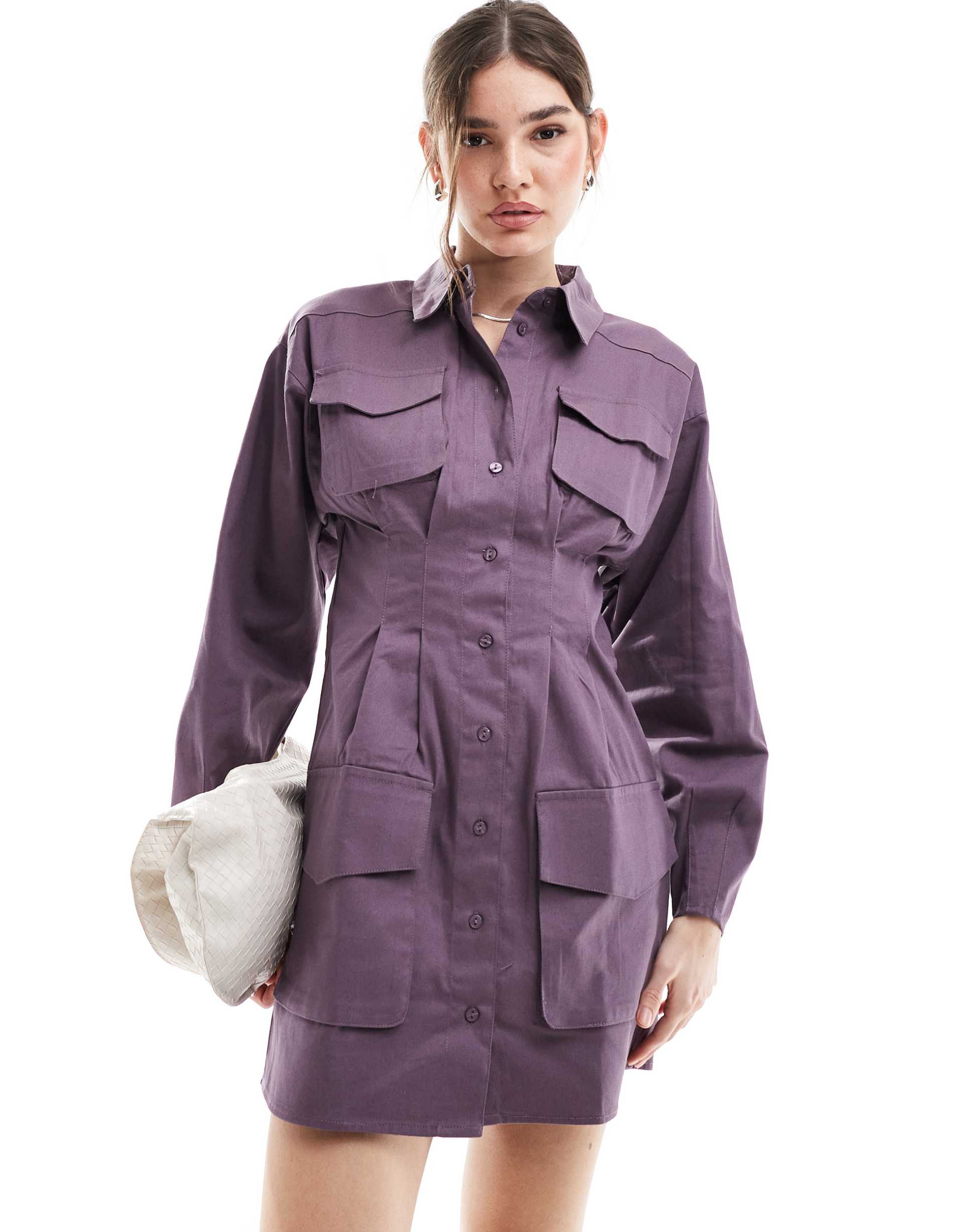 asos design mini twill shirt dress with utility pocket detailing in violet