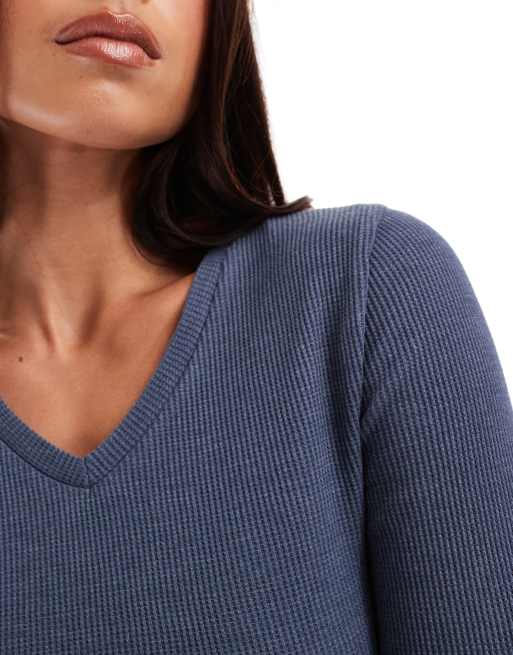 ASOS DESIGN mini v neck long sleeve top in waffle washed blue