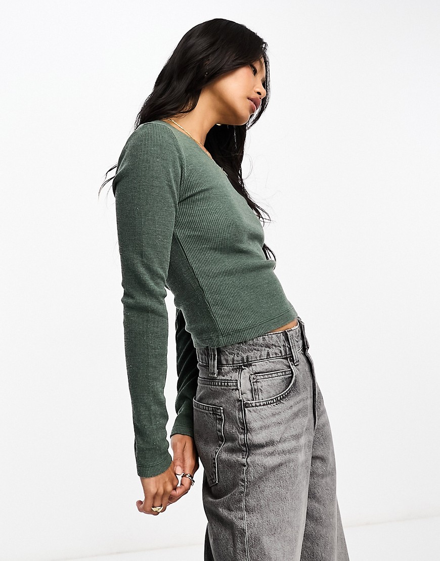 ASOS DESIGN mini v neck long sleeve top in washed waffle pine-Green