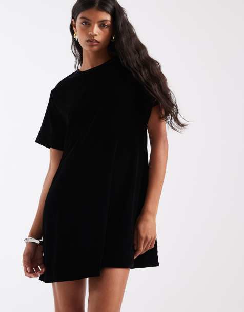 ASOS DESIGN mini velvet t shirt dress in black - view 1