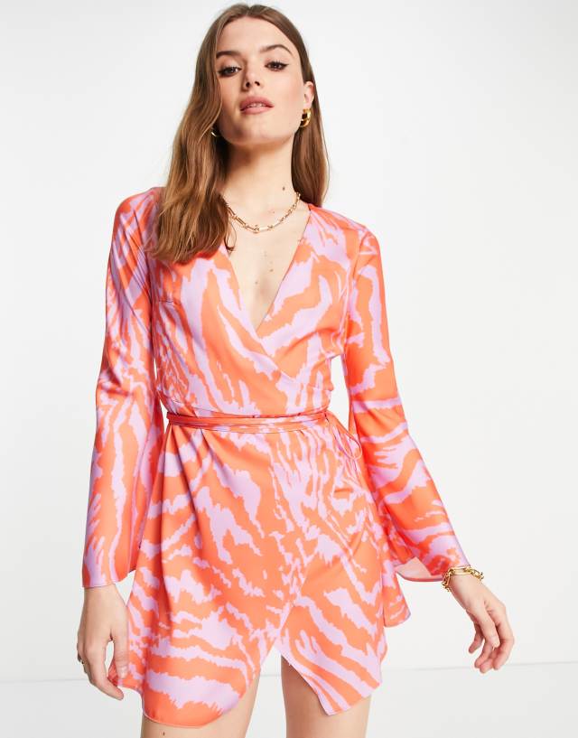 ASOS DESIGN mini wrap satin dress in orange and lilac print