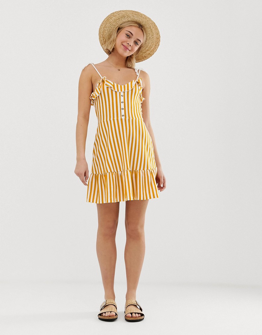 ASOS DESIGN - Mini zomerse cami-jurk met knopen, strepen en gelaagde zoom in geel-Multi