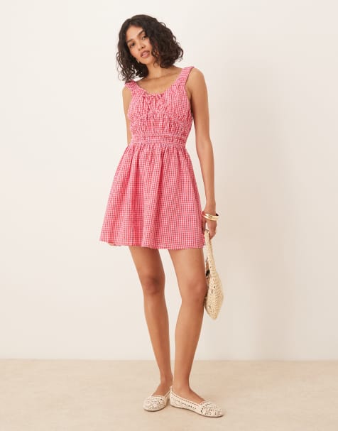 ASOS DESIGN - Mini zonnejurk met brede bandjes en bandje in de taille in roze met rode gingham ruit - view 1