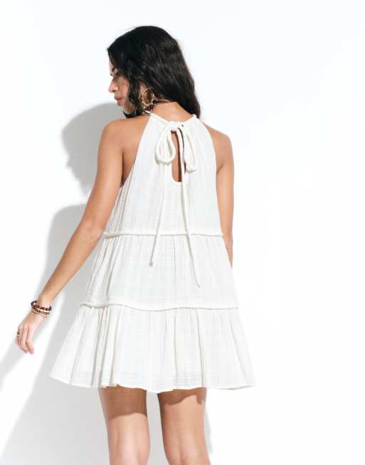 ASOS DESIGN - Mini zonnejurk met halternek, stroken en chunky biezen in crème, 3 van 4