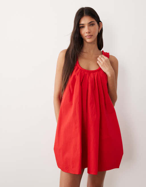 ASOS DESIGN - Mini zonnejurk van popeline met gerimpelde lage ronde hals in rood , 2 van 4