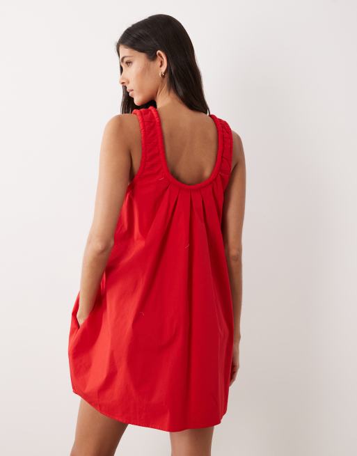 ASOS DESIGN - Mini zonnejurk van popeline met gerimpelde lage ronde hals in rood , 4 van 4