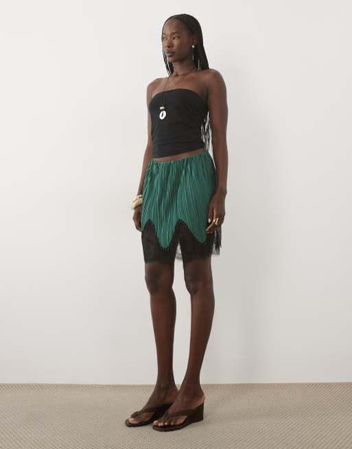 ASOS DESIGN - minifalda plisada combinable en verde azulado con ribete de encaje negro, 2 de 5