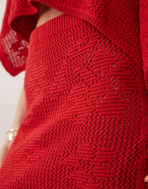 ASOS DESIGN - Minifalda roja con diseño floral de encaje de punto (parte de un conjunto), 4 de 5