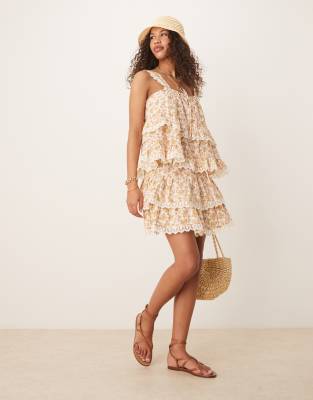 ASOS DESIGN - Minigonna a balze con stampa a fiori e orlo ricamato in coordinato