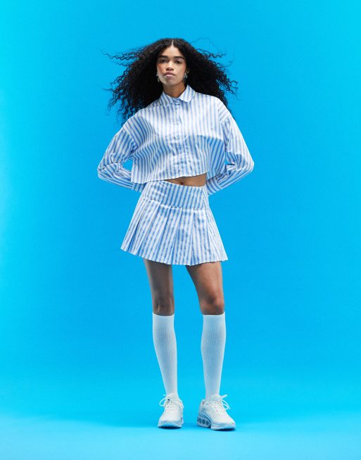 ASOS DESIGN - Minigonna a pieghe in popeline di cotone a righe in coordinato