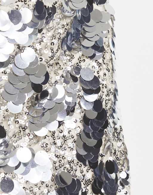 ASOS DESIGN - Minigonna a vita bassa argento con paillettes grandi a disco , 3 di 4