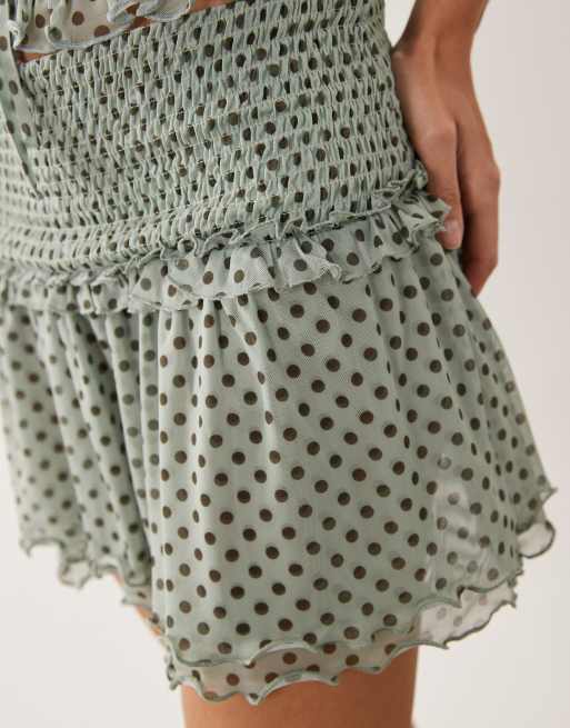 ASOS DESIGN - Minigonna arricciata blu e marrone a pois con stampa in coordinato, 4 di 5