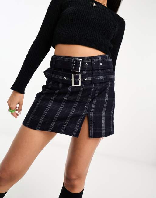ASOS DESIGN - Minigonna blu a quadri con cintura doppia e intaglio sul fondo