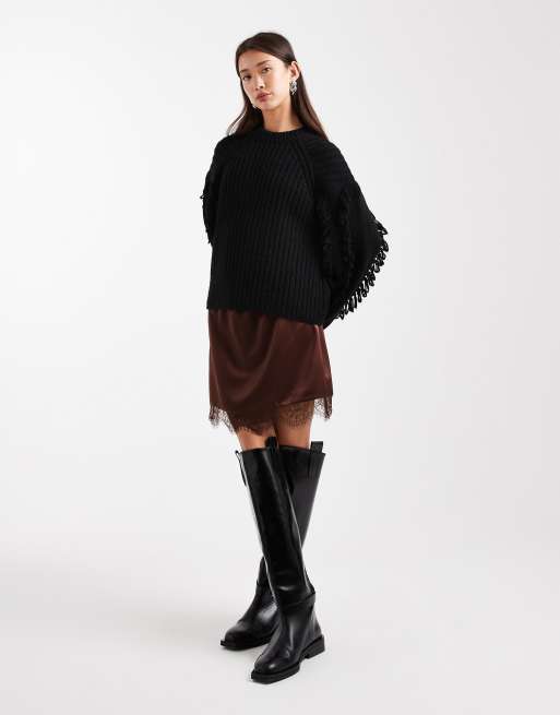 ASOS DESIGN - Minigonna color cioccolato in raso con finiture in pizzo, 2 di 5