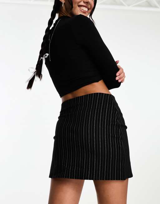 ASOS DESIGN - Minigonna in bengalina nera con motivo gessato e spacco, 3 di 4
