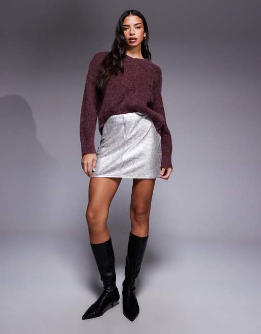 ASOS DESIGN - Minigonna in pelle sintetica metallizzata argentata, 3 di 5