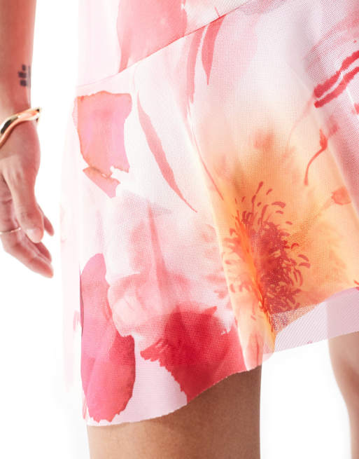 ASOS DESIGN - Minigonna in rete rosa a fiori con volant in coordinato, 3 di 5