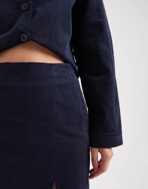 ASOS DESIGN - Minigonna in velluto a coste blu navy con spacco sul davanti in coordinato, 3 di 5