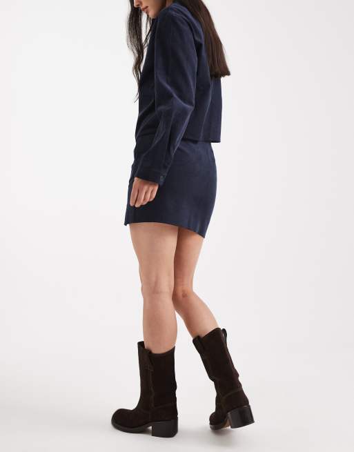 ASOS DESIGN - Minigonna in velluto a coste blu navy con spacco sul davanti in coordinato, 4 di 5
