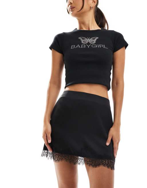 ASOS DESIGN - Minigonna nera in raso con finiture in pizzo, 5 di 5
