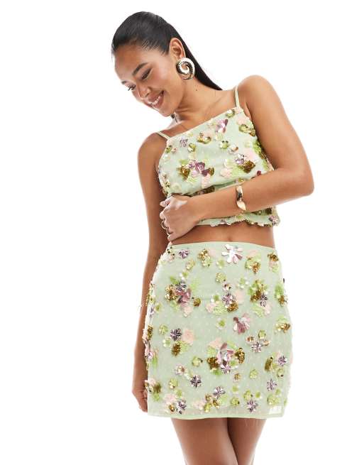 ASOS DESIGN - Minigonna verde con decorazioni floreali 3D, 2 di 5