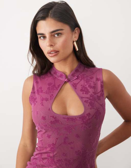 ASOS DESIGN minikjole i mesh med flock og mandarinkrave i plum, 2 af 4