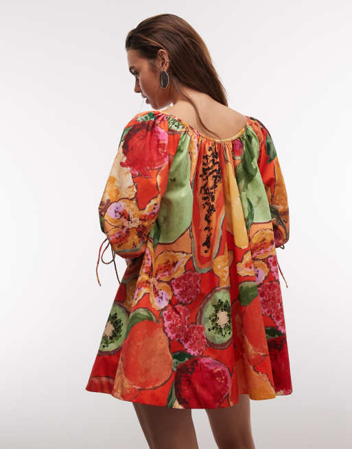 ASOS DESIGN - Minikjole i poplin med dyb rund hals og bindeærmer samt print, 3 af 7