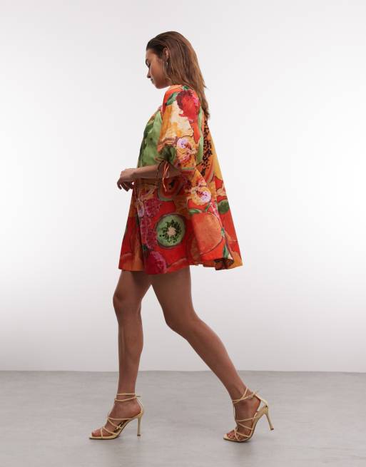 ASOS DESIGN - Minikjole i poplin med dyb rund hals og bindeærmer samt print, 4 af 7