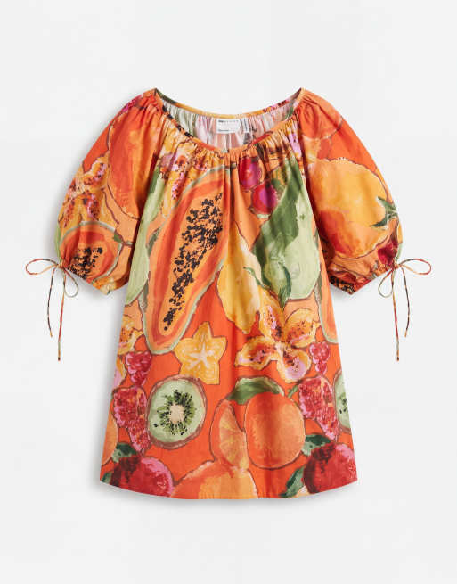 ASOS DESIGN - Minikjole i poplin med dyb rund hals og bindeærmer samt print, 5 af 7