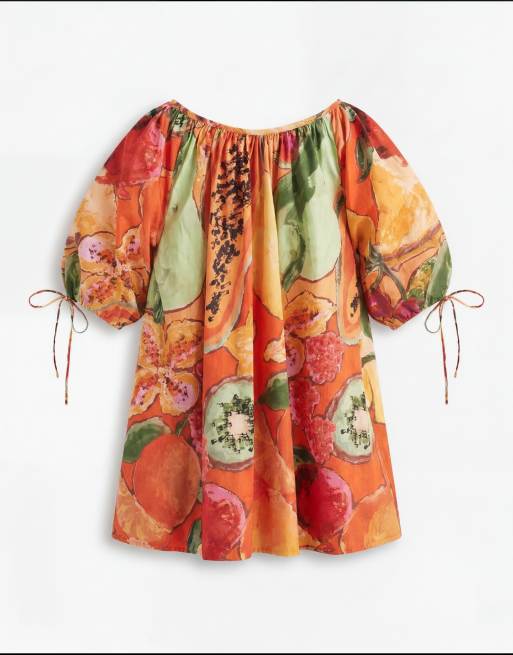 ASOS DESIGN - Minikjole i poplin med dyb rund hals og bindeærmer samt print, 6 af 7