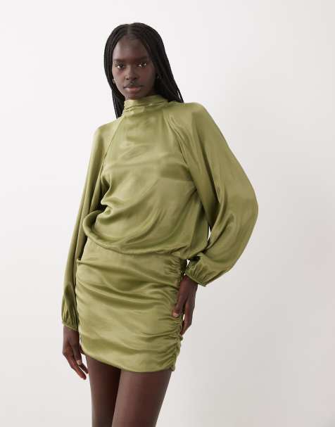ASOS DESIGN minikjole i satin med tørklædedetalje i olivengrøn - view 1
