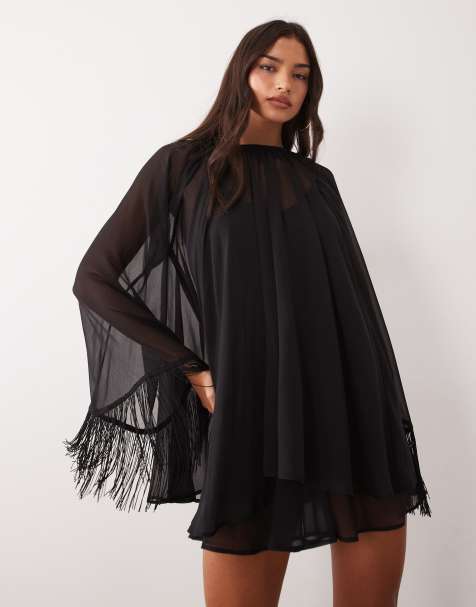 ASOS DESIGN minikjole i sort med overlay, lagdelte frynser ved søm og ærmer - view 1