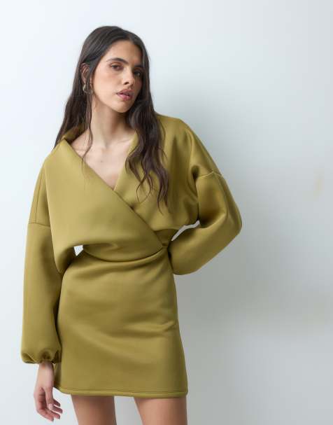 ASOS DESIGN minikjole med ballonærmer i olivengrønt scuba-lignende stof - view 1