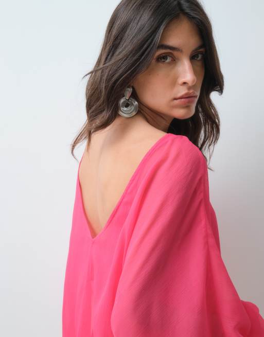 ASOS DESIGN minikjole med blouson-snit, flagermusærmer og sænket talje i pink, 4 af 5