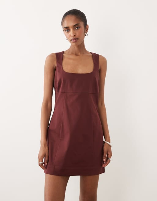 ASOS DESIGN minikjole med firkantet hals og struktureret bomuld i chokolade, 2 af 4