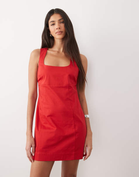ASOS DESIGN minikjole med firkantet hals og struktureret bomuld i tomatrød - view 1