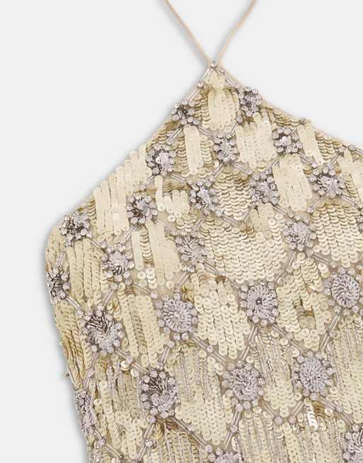 ASOS DESIGN minikjole med halterneck, diamantfrynser og pynt i guld, 10 af 10