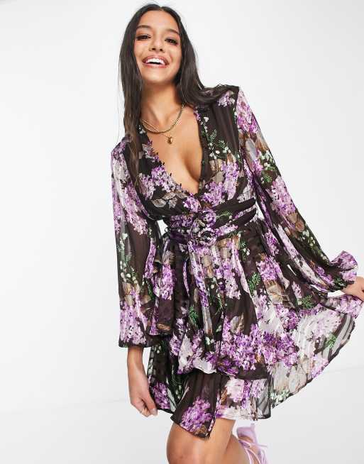 ASOS DESIGN - Minikjole med knapper og bælte i stribet satin med blomstermønster, 2 af 4