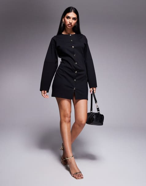 ASOS DESIGN - Minikjole med kuppelformede ærmer og guldfarvede knapper - view 1