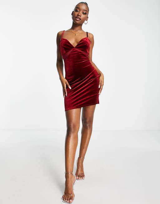 ASOS DESIGN - Minikjole med mesh-udskæringer i bærrød velour