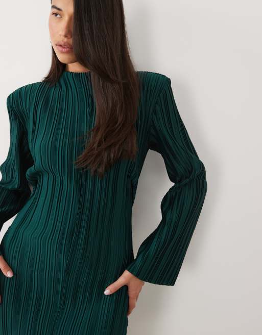 ASOS DESIGN minikjole med overdrevne ærmer og plissé i smaragdgrøn, 3 af 4