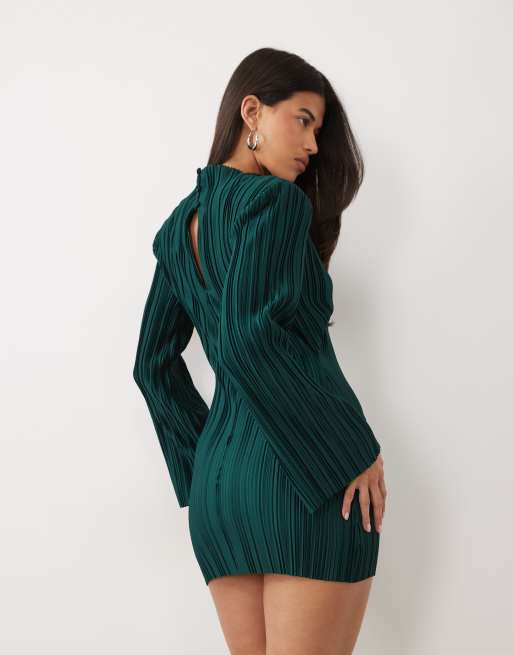 ASOS DESIGN minikjole med overdrevne ærmer og plissé i smaragdgrøn, 4 af 4