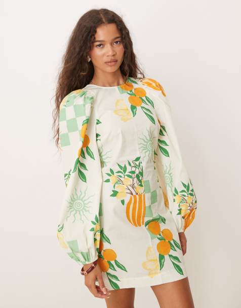 ASOS DESIGN - Minikjole med pufærmer og bindebånd bagpå i sommerprint - view 1