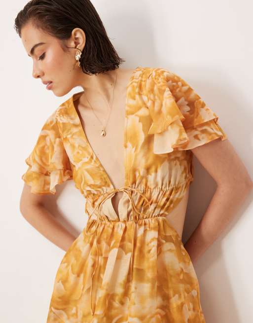 ASOS DESIGN - Minikjole med V-hals, engleærmer og udskæring i blomstermønster, 3 af 4