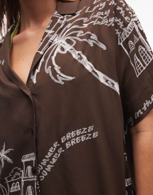 ASOS DESIGN miniklänning i bowlingmodell med konversationsmönster i chokladbrunt, 3 av 7