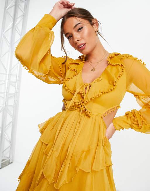 ASOS DESIGN – Miniklänning i chiffong med volangdetalj och tofskant
