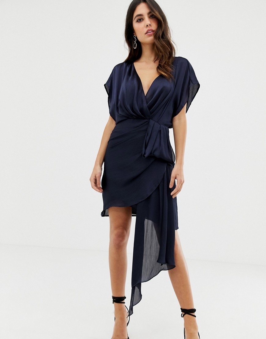 ASOS DESIGN – Miniklänning i kräppad chiffong med draperad kjoldetalj-Blå