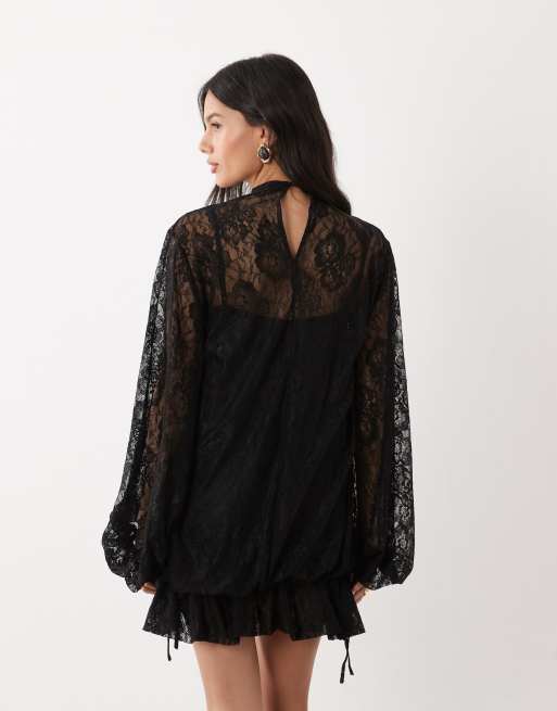 ASOS DESIGN miniklänning i spets med blusärmar och detalj vid fållen i svart, 4 av 4
