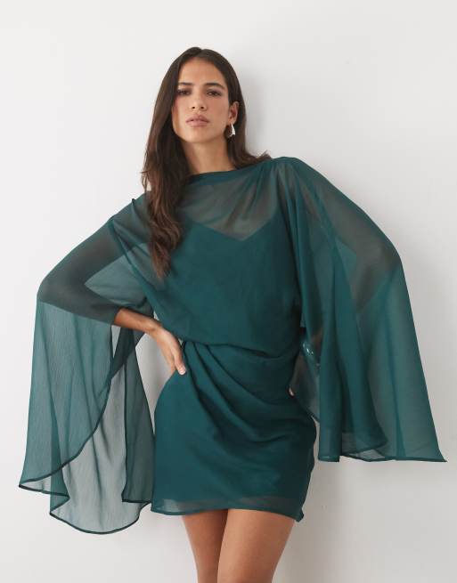 ASOS DESIGN miniklänning med hög krage, draperad fram och extrem capeärm i teal, 3 av 4