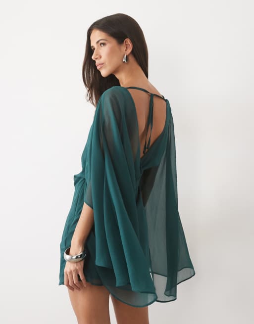 ASOS DESIGN miniklänning med hög krage, draperad fram och extrem capeärm i teal, 4 av 4